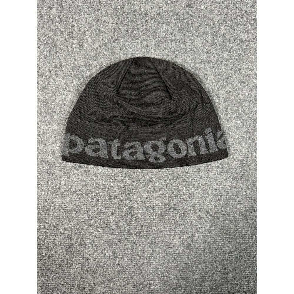 Patagonia Beanie Hat Black Gray Big Logo Knit Winter Ski Cap Unisex